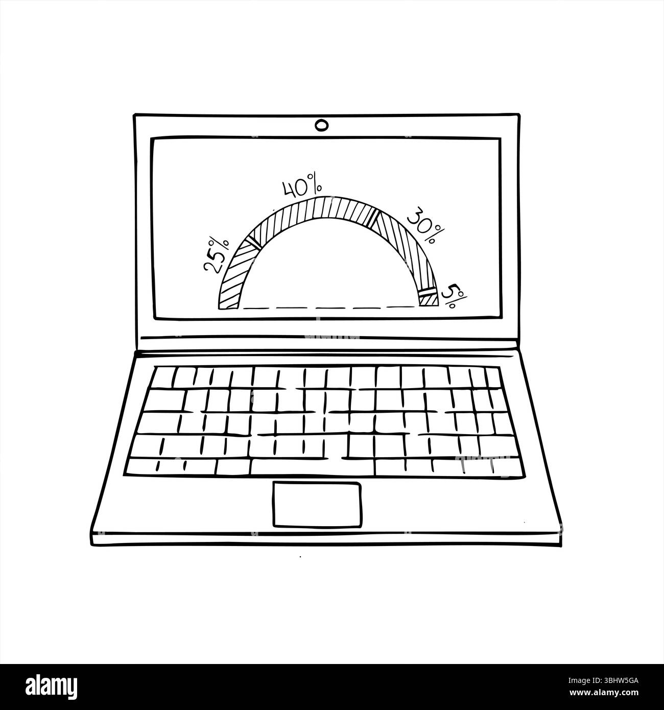 Ouvrez l'ordinateur portable affichant un graphique circulaire avec des secteurs ombrés et des étiquettes de pourcentage illustration vectorielle monochrome. Pour les rapports d'entreprise Illustration de Vecteur