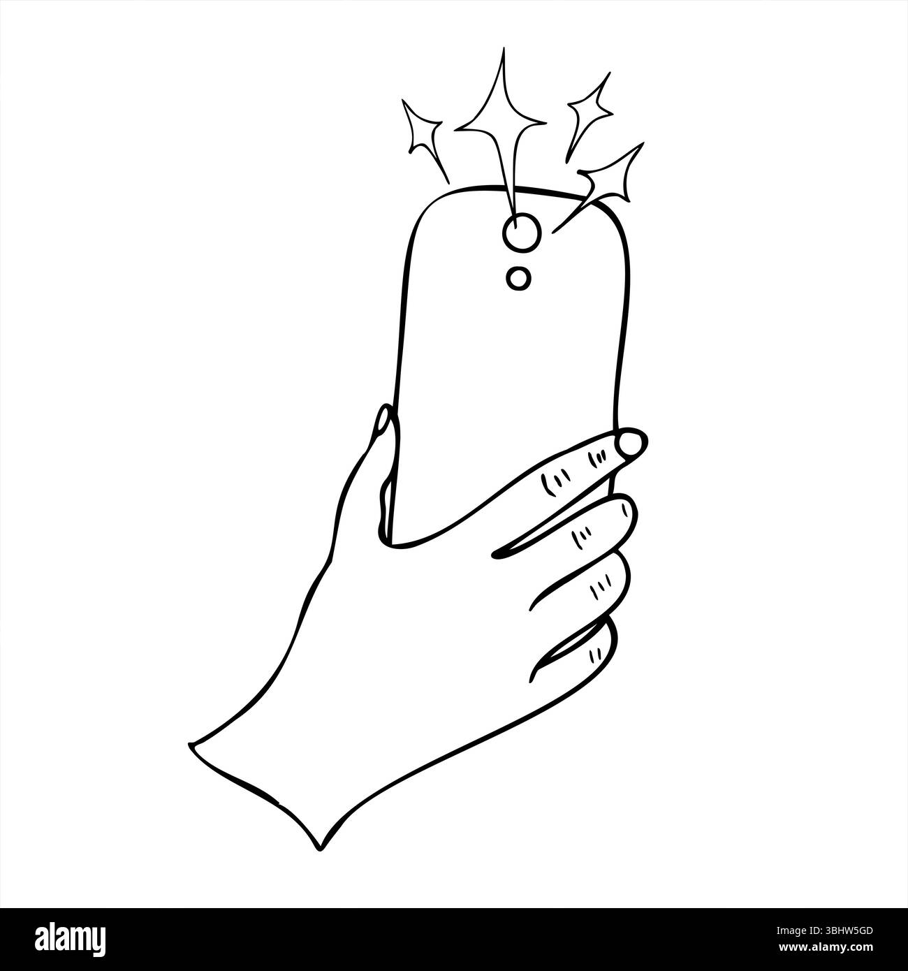 Monochrome vecteur tenant la main smartphone prenant la photo, avec flash éclatant dans l'illustration des étoiles. Selfie, photo dessin au trait simple pour la photographie Illustration de Vecteur