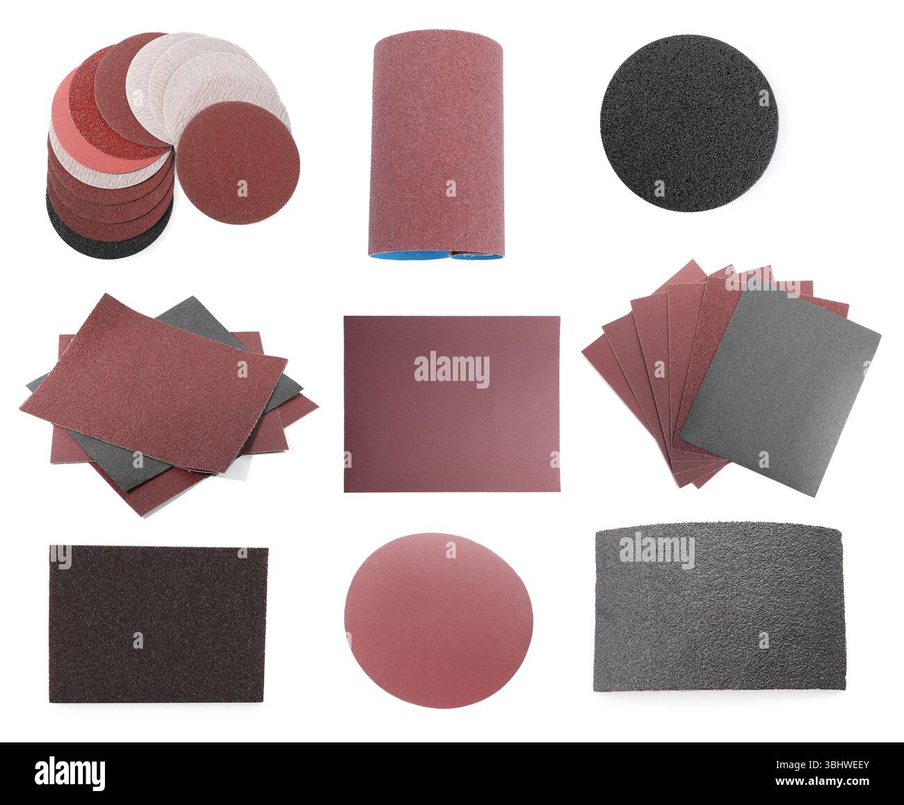 Différents types de papier de verre sur fond blanc, collage Banque D'Images