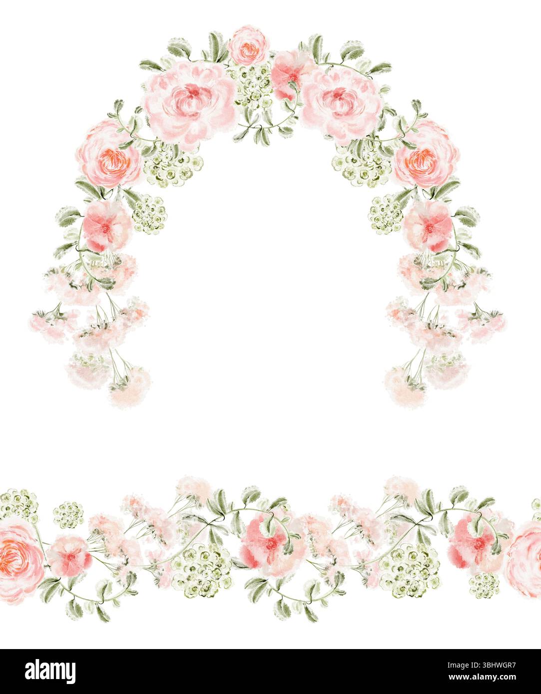Arc floral aquarelle et bordure sans couture avec pivoines, roses et feuilles. Fleurs roses botaniques dans un cadre circulaire et un motif horizontal. Parfait f Banque D'Images