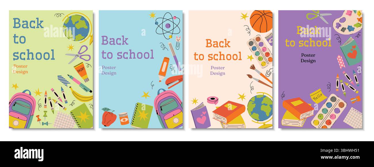 Ensemble d'affiches ou de cartes de retour à l'école dans le style plat de dessin animé avec des fournitures comme sac à dos, livres, basket-ball, peintures, crayons de couleur. Lumineux, amusant et coloré Illustration de Vecteur