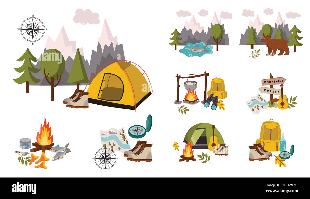 Ensemble de compositions de thème de camping dans le style plat de dessin animé avec cheminée, tente, bottes, boussole, montagnes. Voyage amusant ou éléments de randonnée. Idéal pour les enfants Illustration de Vecteur