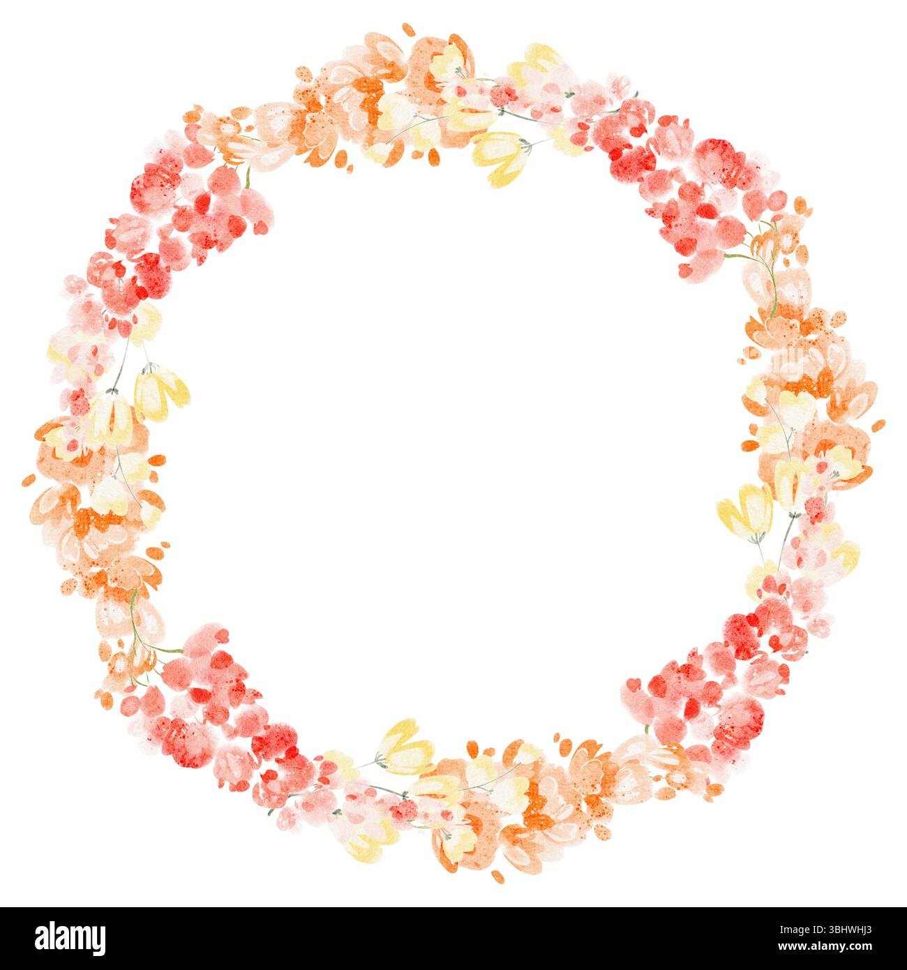 Couronne de fleurs d'aquarelle avec lupin et fleurs sauvages formant un cadre circulaire. Illustration botanique mettant en vedette des feuilles, des fleurs et des plantes naturelles f Banque D'Images