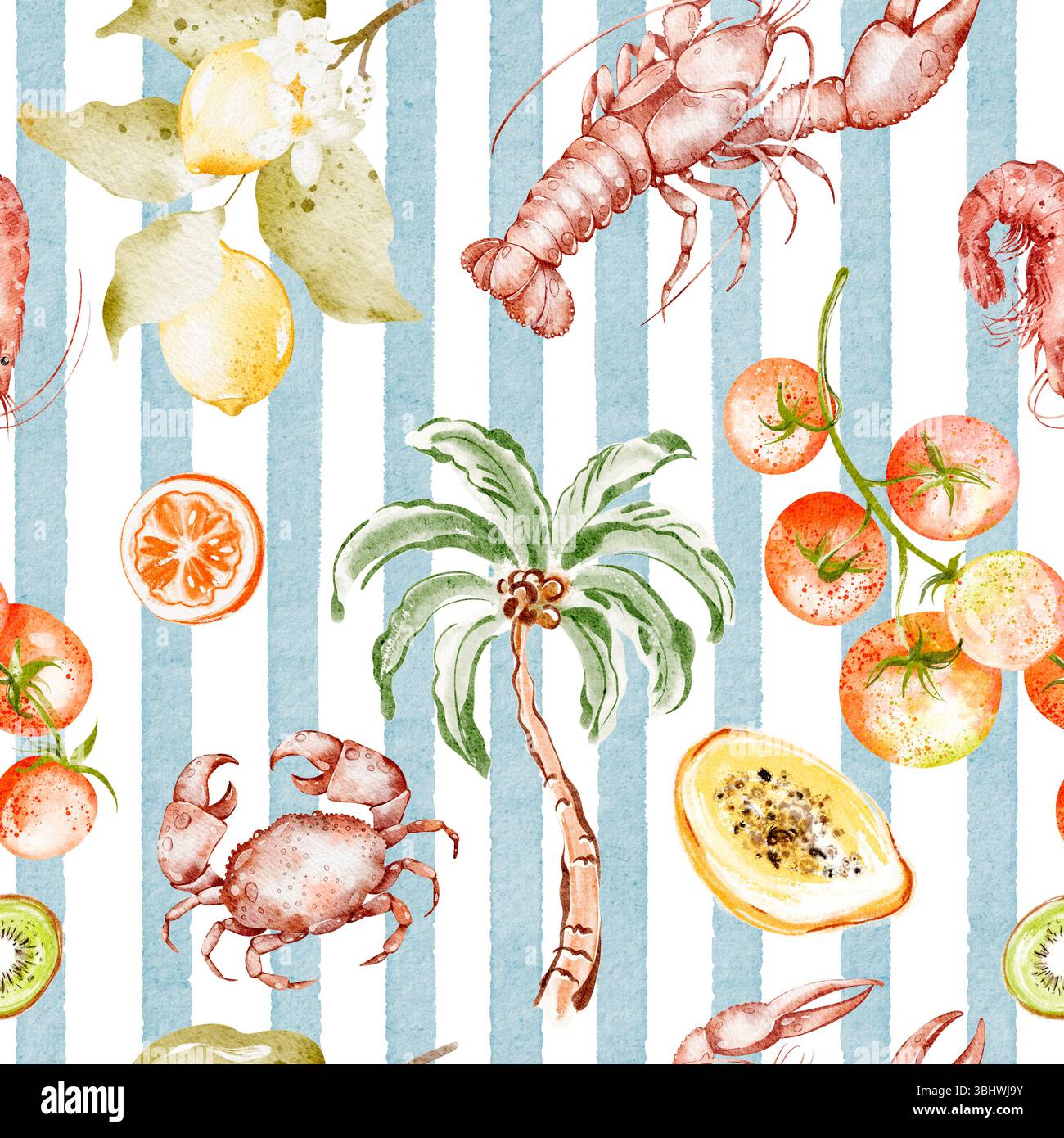 Motif aquarelle sans couture avec fruits de mer, citron, papaye, tomates cerises, palmier et nourriture côtière sur un fond rayé. Cuisine méditerranéenne estivale. Banque D'Images