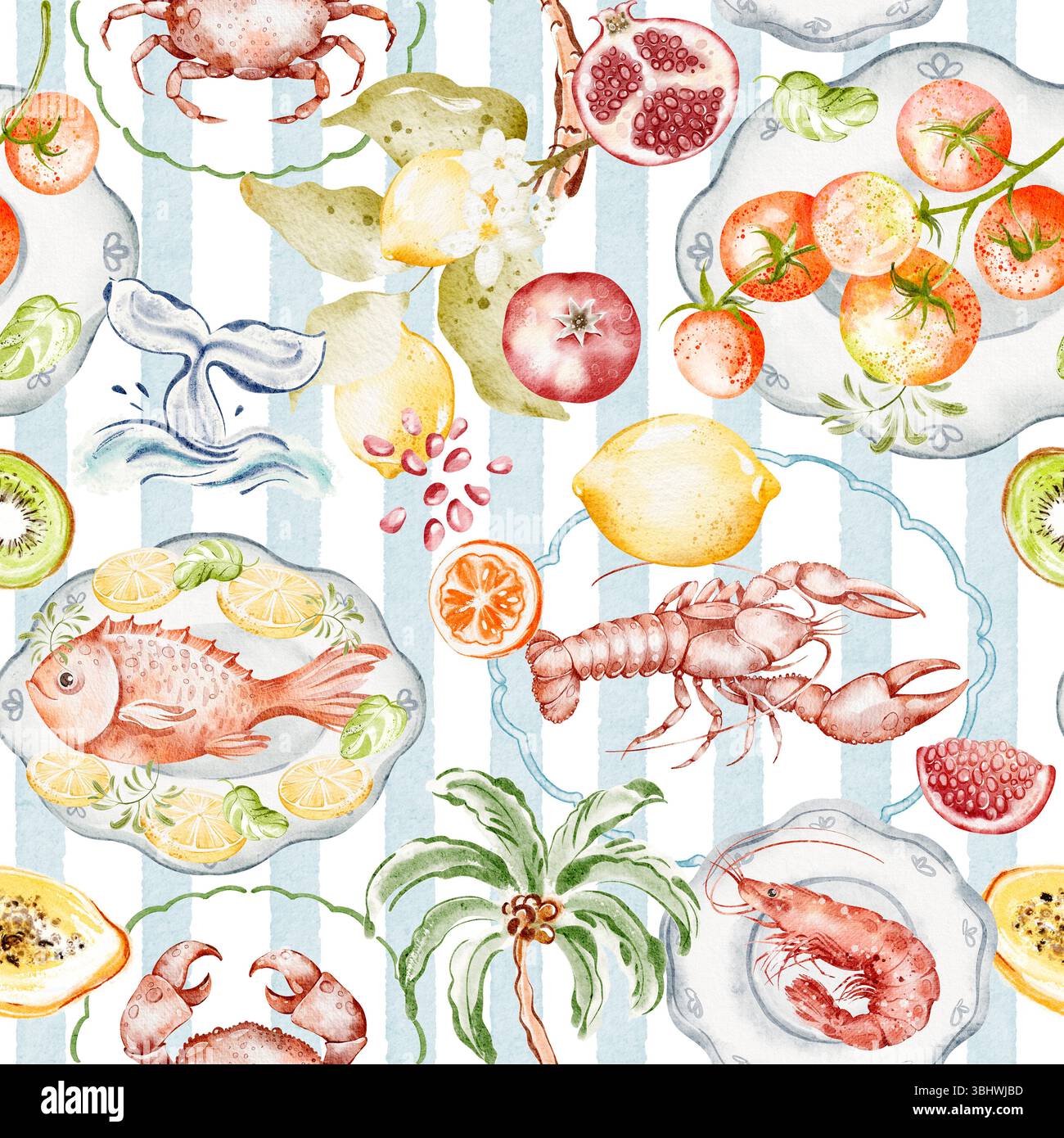 Aquarelle sans couture avec fruits de mer, agrumes, fruits et légumes. Cuisine méditerranéenne côtière avec crabe, homard, citron, papaye et cerise Banque D'Images