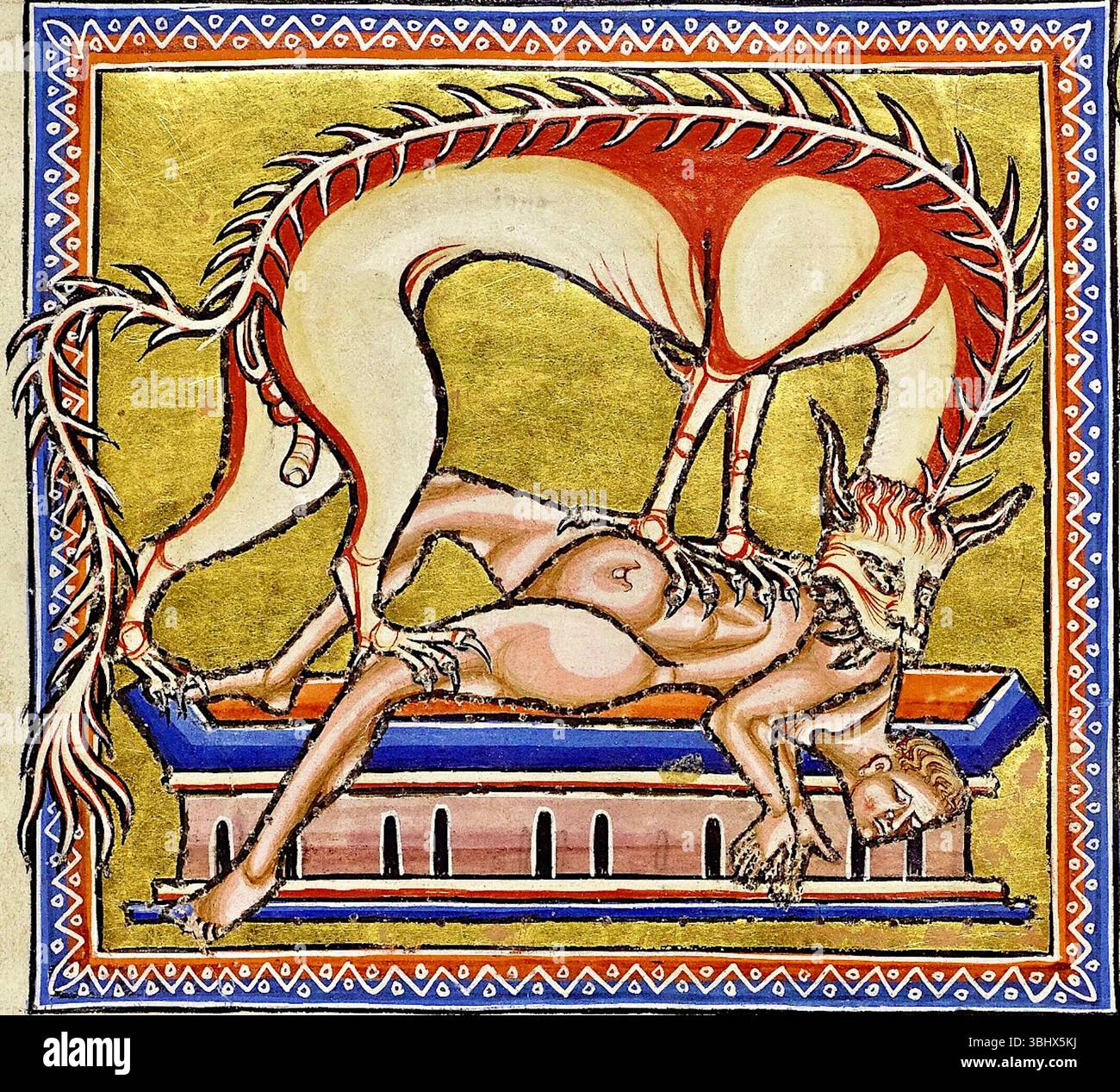 Bestiaire d'Aberdeen - Hyena - 1542 - Une créature semblable à une hyène attaquant un humain, qui est un motif commun dans les bestiaires, utilisé pour symboliser la tromperie et le mal. Banque D'Images