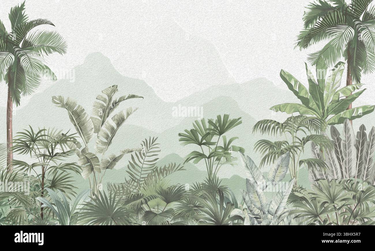 Mur nature exotique : palmiers vert vif, plantes exotiques et oiseaux volants Banque D'Images