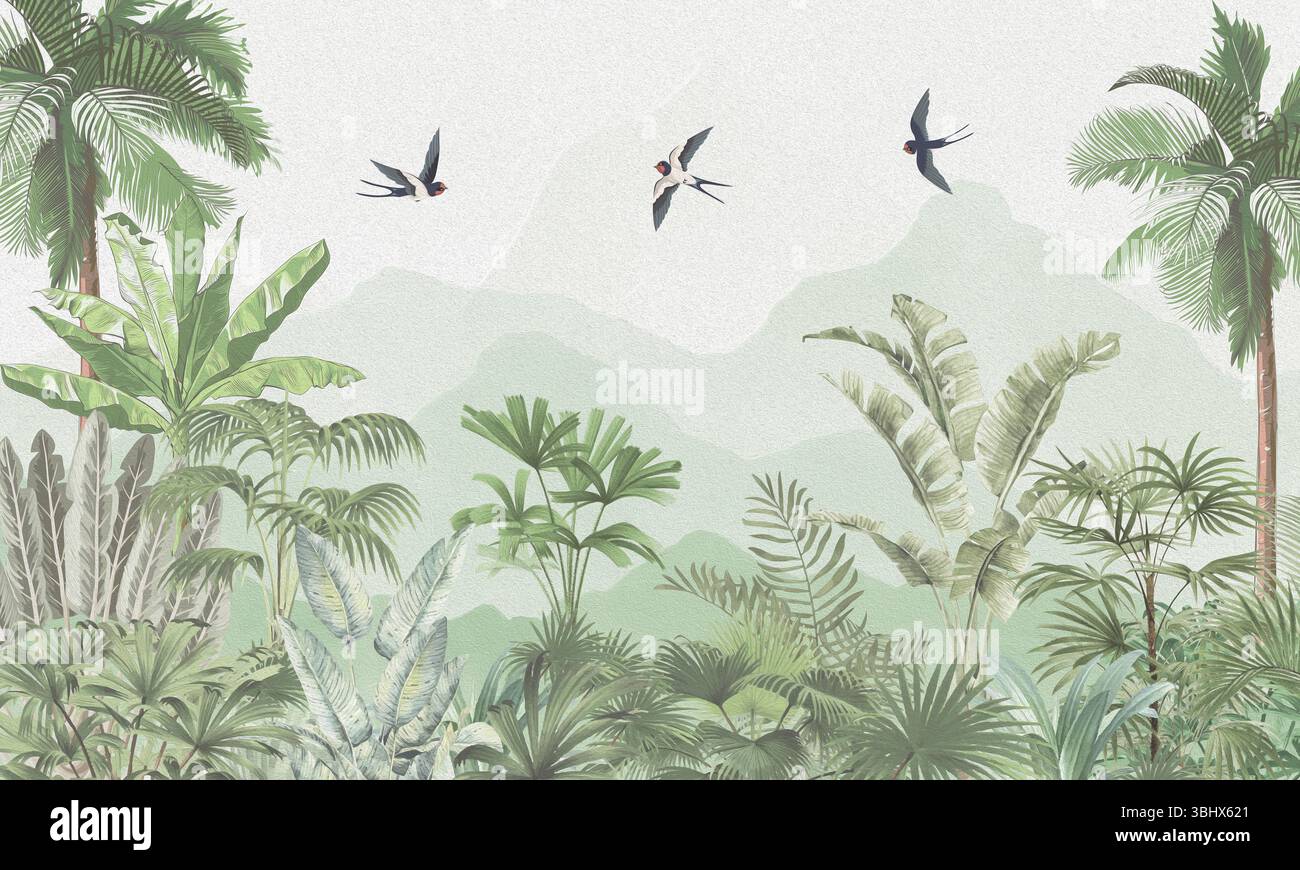 Mur nature subtile : palmiers verts fanés, plantes exotiques et oiseaux volants Banque D'Images
