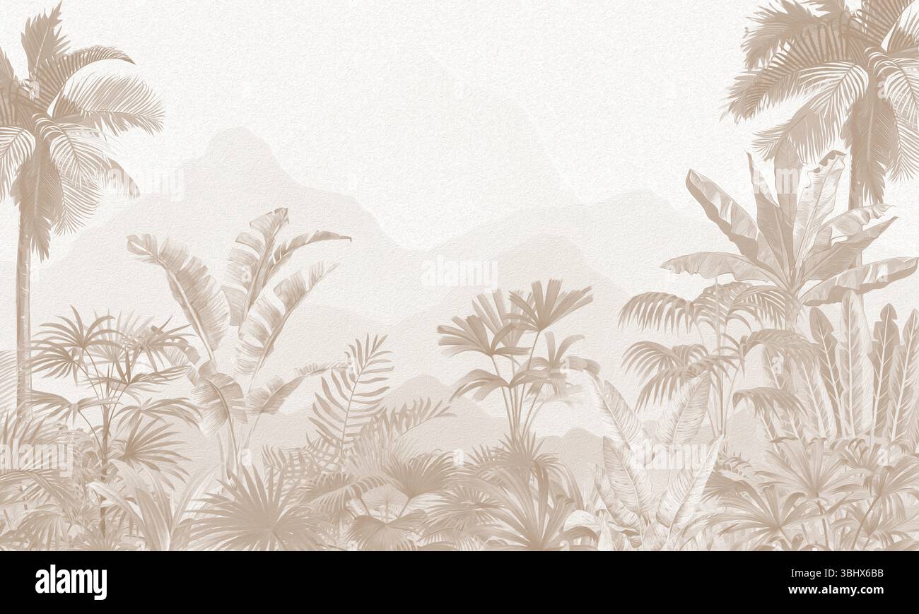 Mur mural vieilli nature : fond de palmiers sépia et de plantes exotiques Banque D'Images