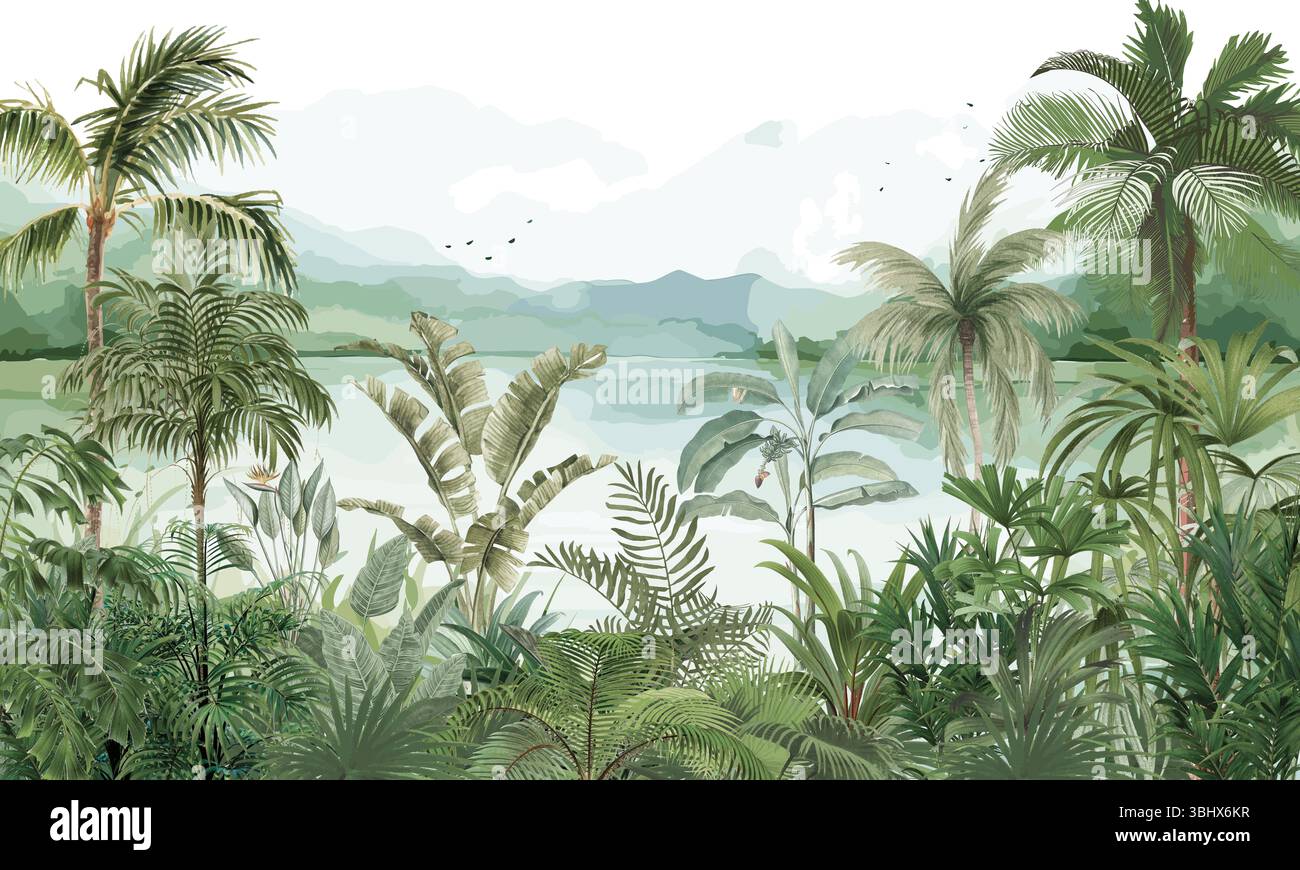 Mur nature exotique : palmiers vert vif, plantes exotiques et oiseaux volants Banque D'Images