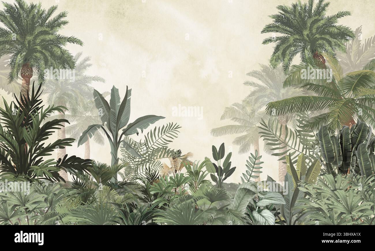 Murale vieillie nature : fond de palmiers bruns fanés et de plantes exotiques Banque D'Images