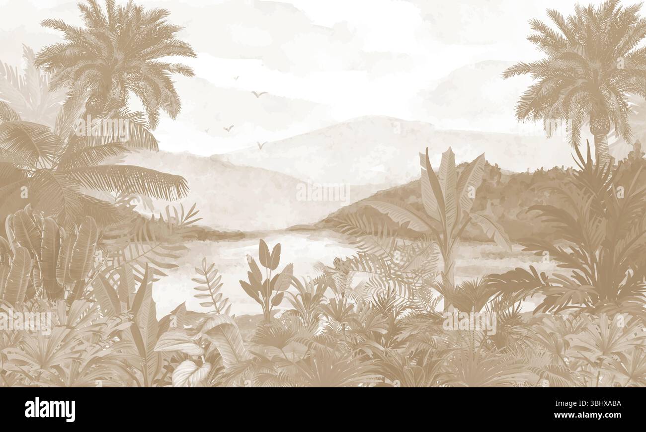 Décor paysager rétro : montagnes tropicales brunes subtiles et impression d'eau Banque D'Images