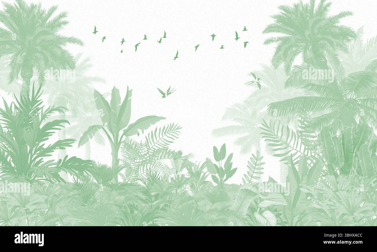 Mur nature minimaliste : palmiers, feuilles et oiseaux volants vert clair Banque D'Images