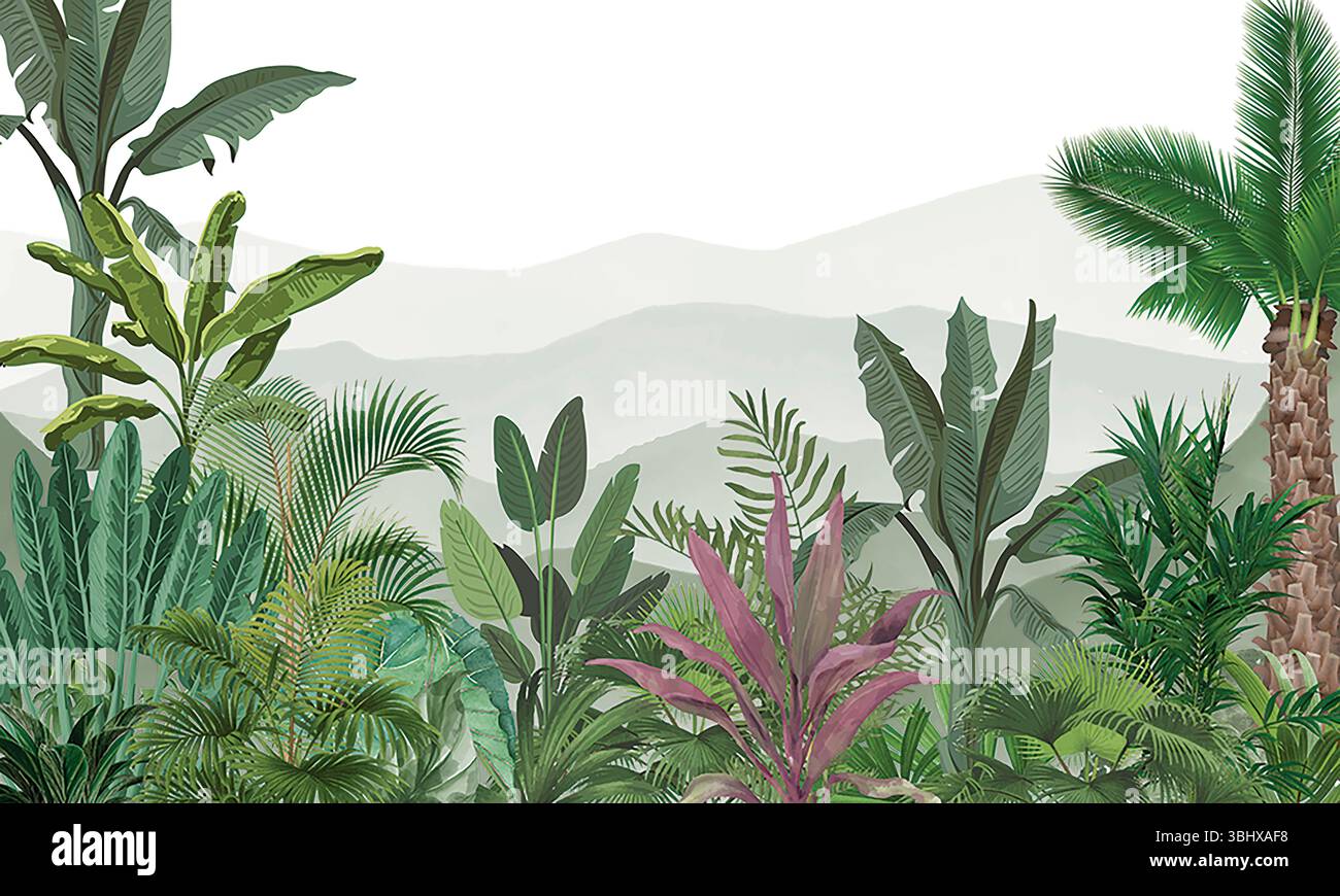 Murale nature subtile : montagnes vertes et roses délavées et palmiers Banque D'Images