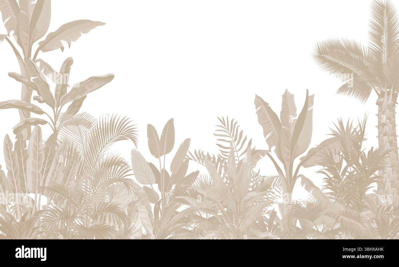 Mur mural nature rétro : feuilles sépia et palmiers arrière-plan Banque D'Images