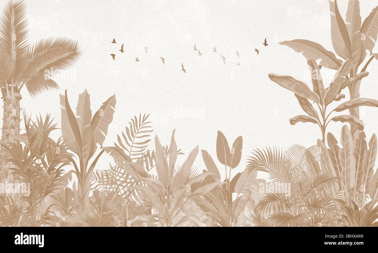 Mur côtier vieilli : paysages de palmiers bruns délavés et d'oiseaux volants Banque D'Images