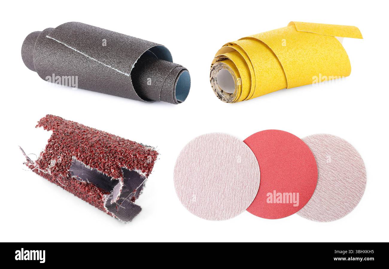 Différents types de papier de verre sur fond blanc, collage Banque D'Images