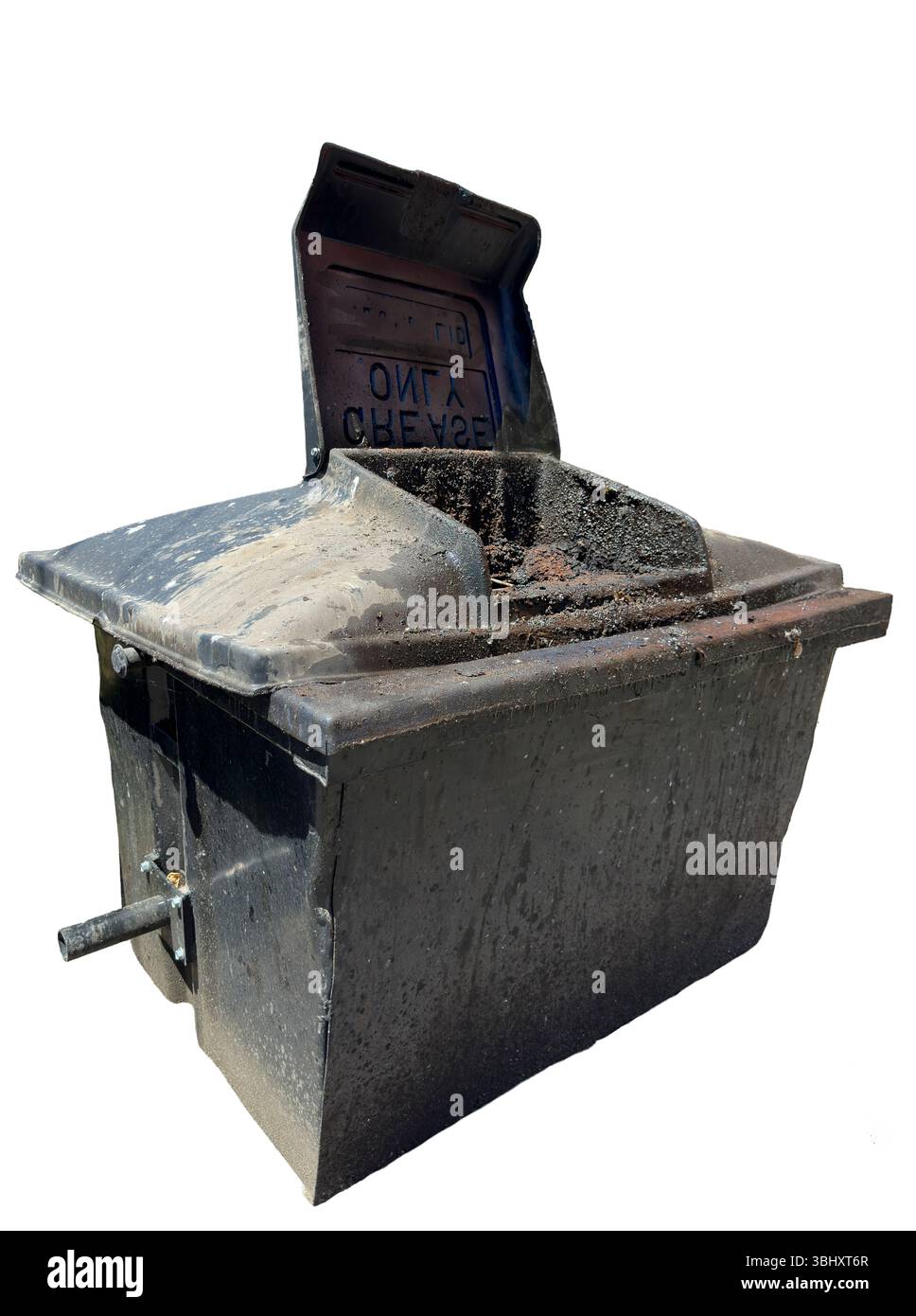 Le récipient d'huile de graisse avec couvercle ouvert est un récipient pour l'huile usagée usagée et les morceaux carbonisés. C'est un équipement de restaurant industriel commercial. Banque D'Images