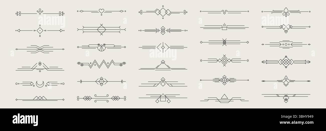 Séparateur de ligne décoratif - bordures ornementales géométriques avec des diamants, des coeurs, des flèches et des formes abstraites. Séparateurs déco vintage pour le texte, les invitations, les certificats et les éléments de design élégants. Illustration de Vecteur