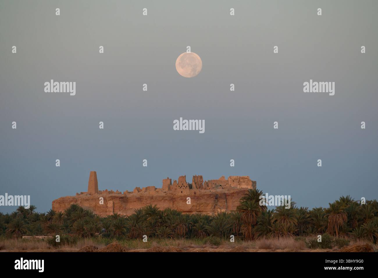 Oasis de Siwa, Égypte, 12 juin 2025. La pleine lune de juin se couche sur l'oracle de Zeus Ammon dans le désert égyptien. Crédit : Dimitris Aspiotis/Alamy Live News Banque D'Images