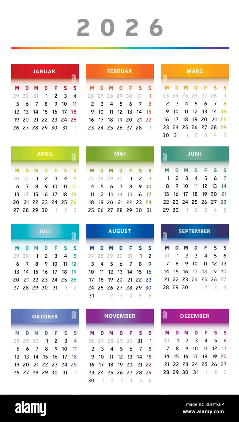 Calendrier 2026 avec des boîtes en couleurs arc-en-ciel 3 colonnes - Allemand Illustration de Vecteur