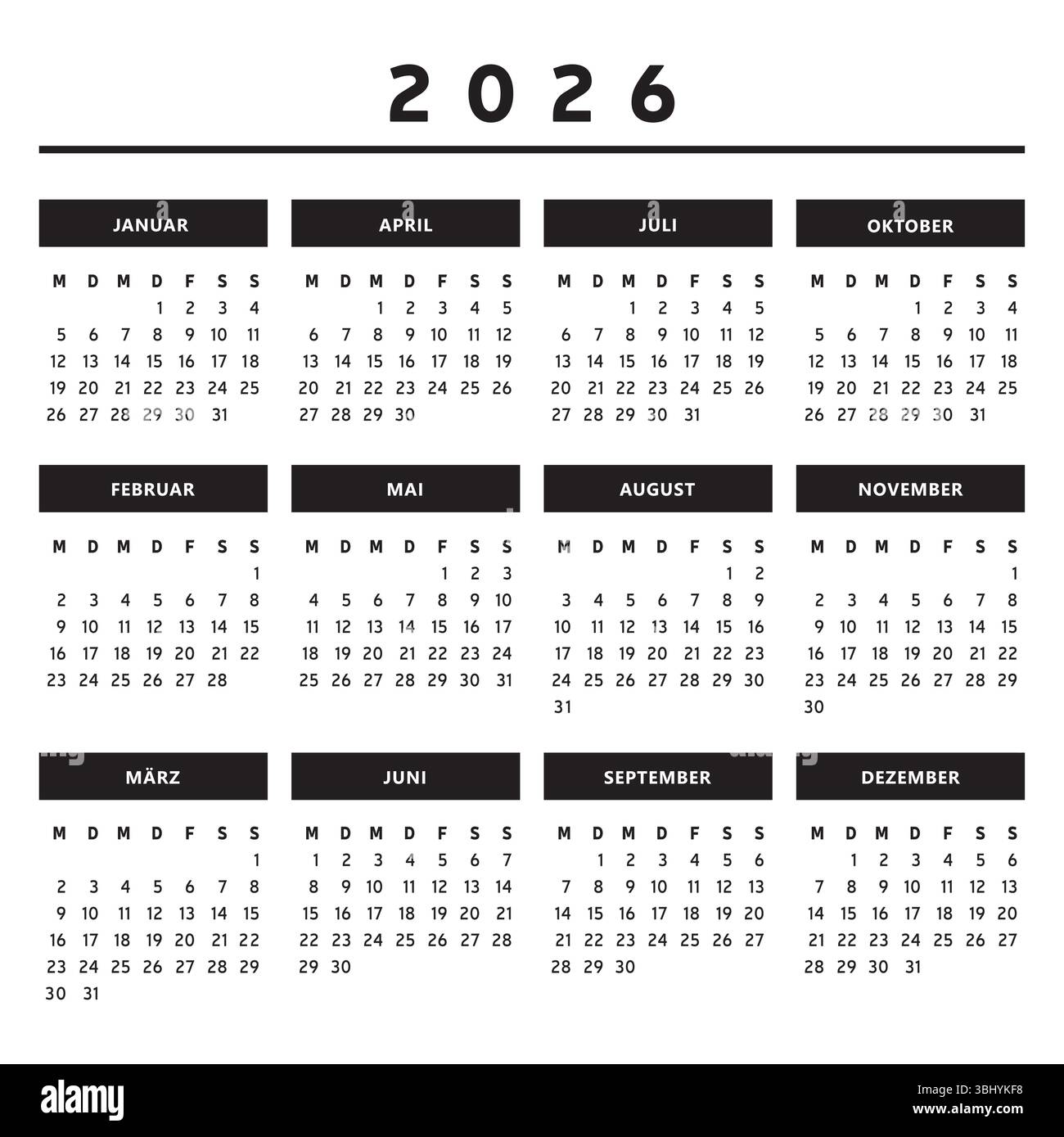 Calendrier 2026 avec boîtes en noir et blanc couleurs 4 colonnes - Allemand Illustration de Vecteur