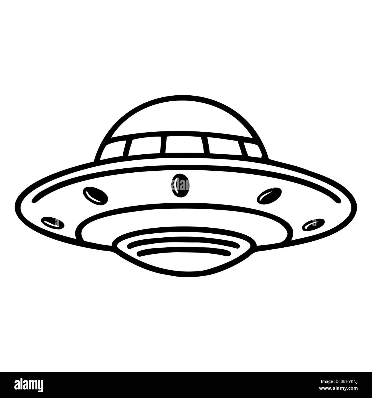 Un simple dessin au trait d'une soucoupe volante. L'OVNI dispose d'un sommet en forme de dôme et d'une base circulaire avec des lumières autour du bord. Il représente la science Illustration de Vecteur