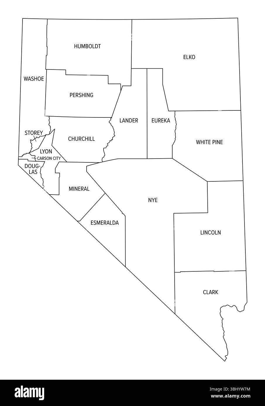 État du Nevada, subdivisé en 16 comtés et indépendant Carson City, plan. État dans l'ouest des États-Unis, surnommé l'État d'argent. Banque D'Images