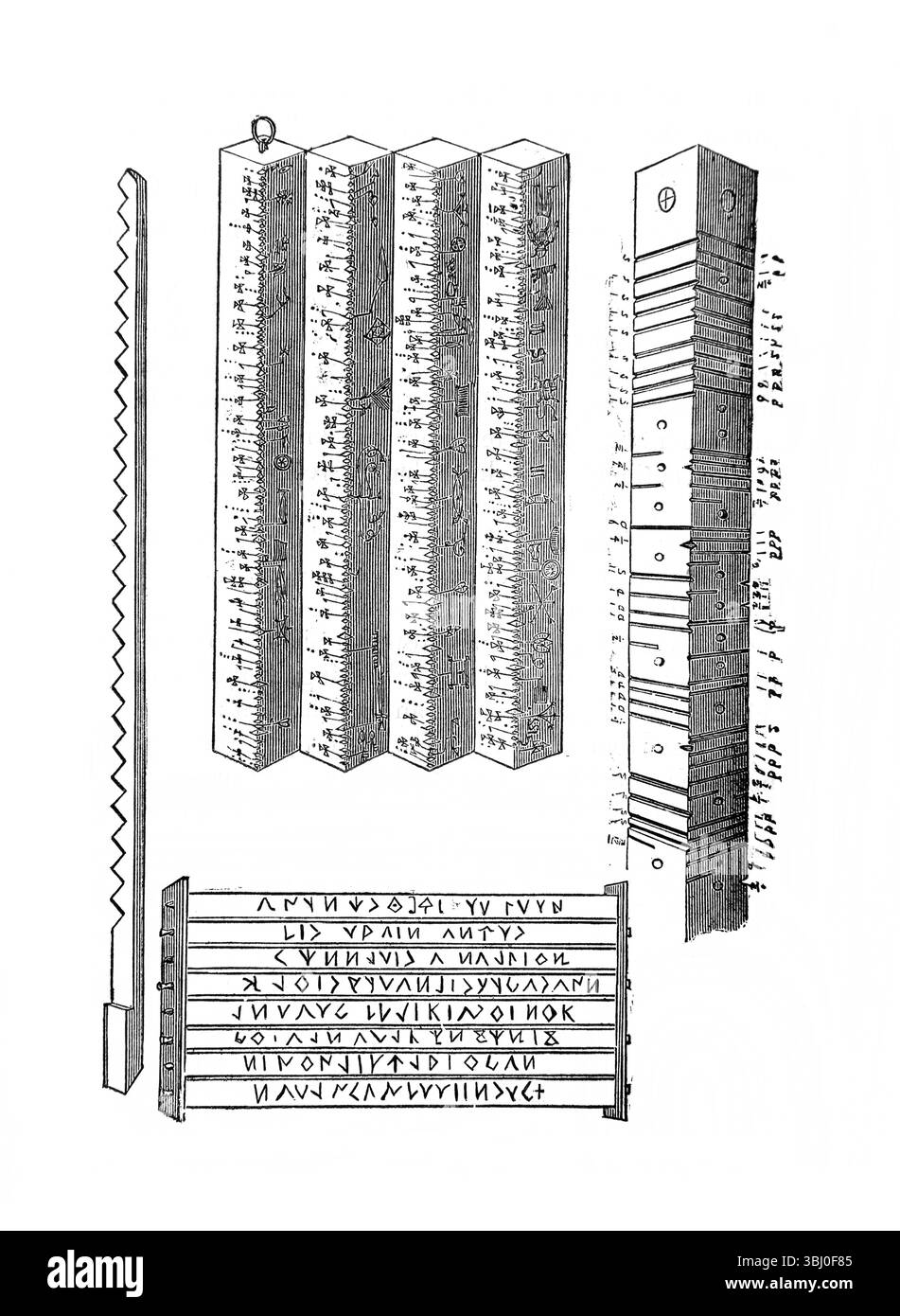 Spécimens de l'écriture antique sur des bâtons et un instrument de poteau de Reive Saxon utilisé pour compter les jours ou le sondage pendant les cotisations fiscales et le grand Échiquier Banque D'Images