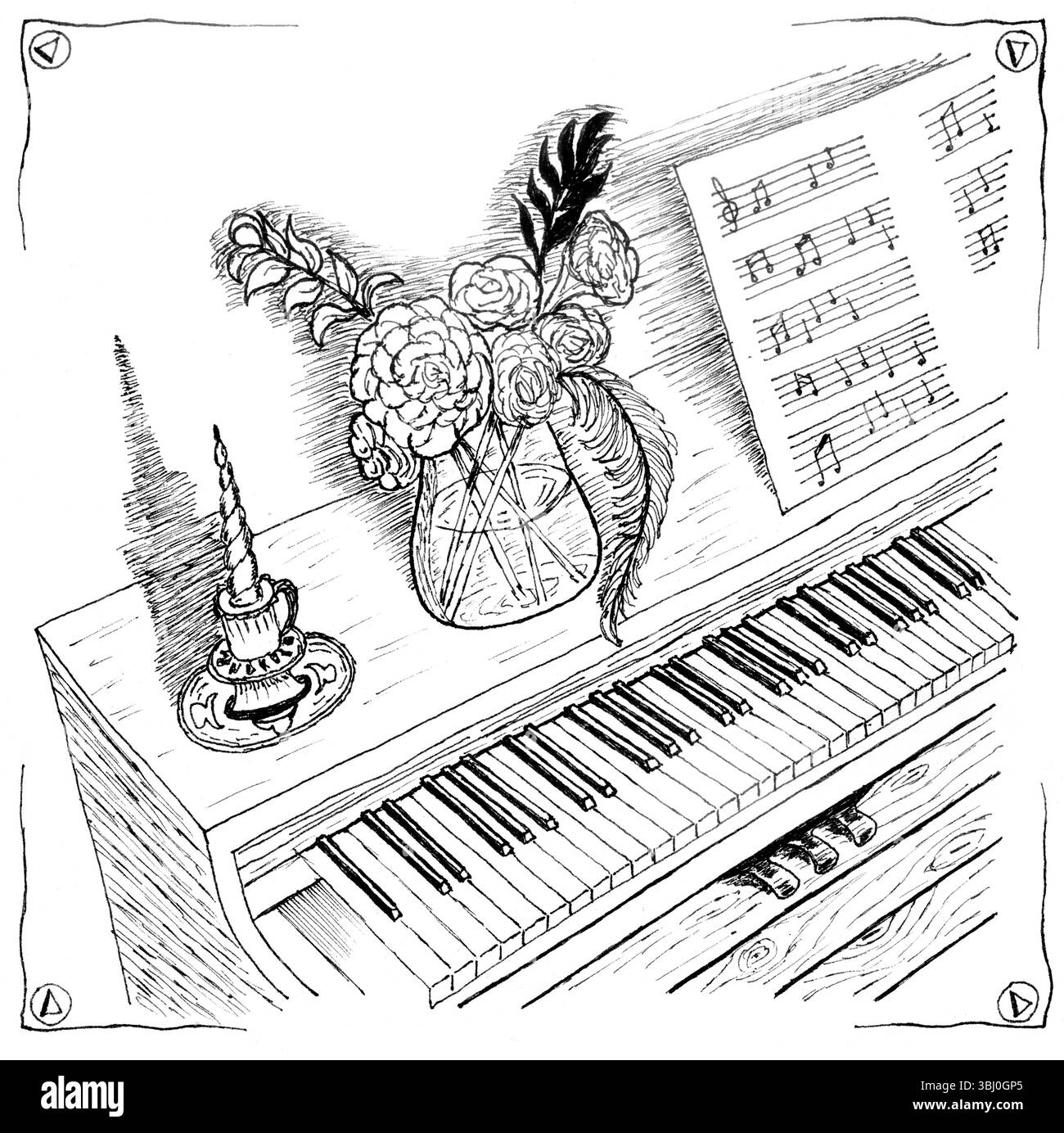 Croquis artistique en noir et blanc représentant une scène de piano romantique avec une attention aux détails. La composition comporte des touches de piano au premier plan, acco Banque D'Images