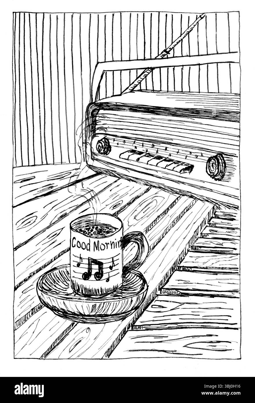 Un croquis détaillé à l'encre noire et blanche représentant une scène matinale confortable. L'illustration présente une tasse à café « Good Morning » décorée de musique non Banque D'Images