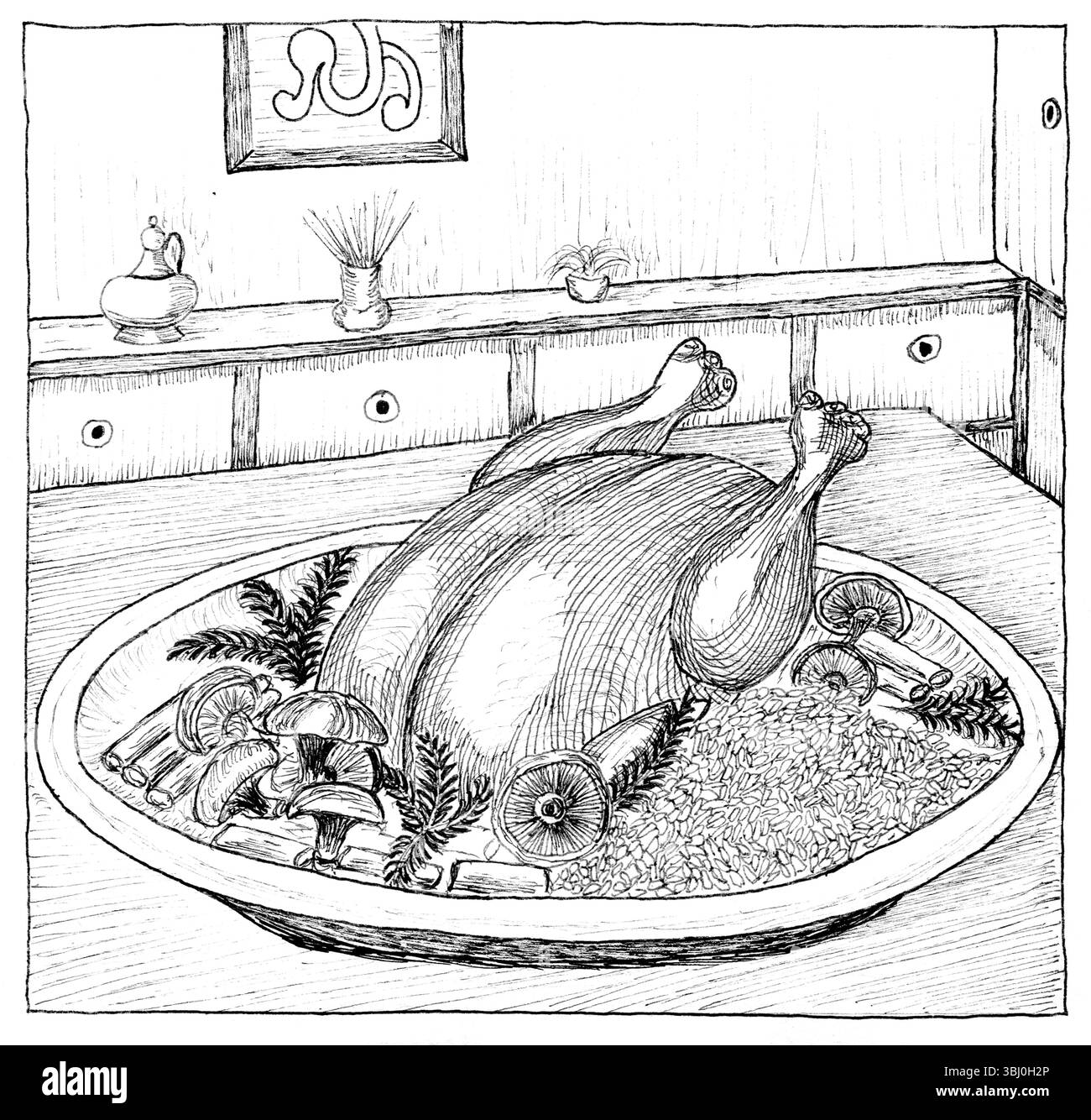 Un dessin détaillé à l'encre représentant une dinde festive traditionnelle sur un plateau de service. L'illustration est exécutée dans un style de croquis classique avec carefu Banque D'Images
