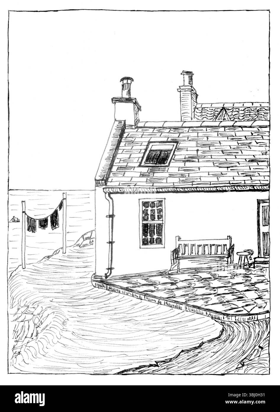 Ce croquis dessiné à la main en noir et blanc représente une charmante maison côtière avec un toit en tuiles, située au bord de la mer. La maison dispose d'une fenêtre, porte, et Banque D'Images