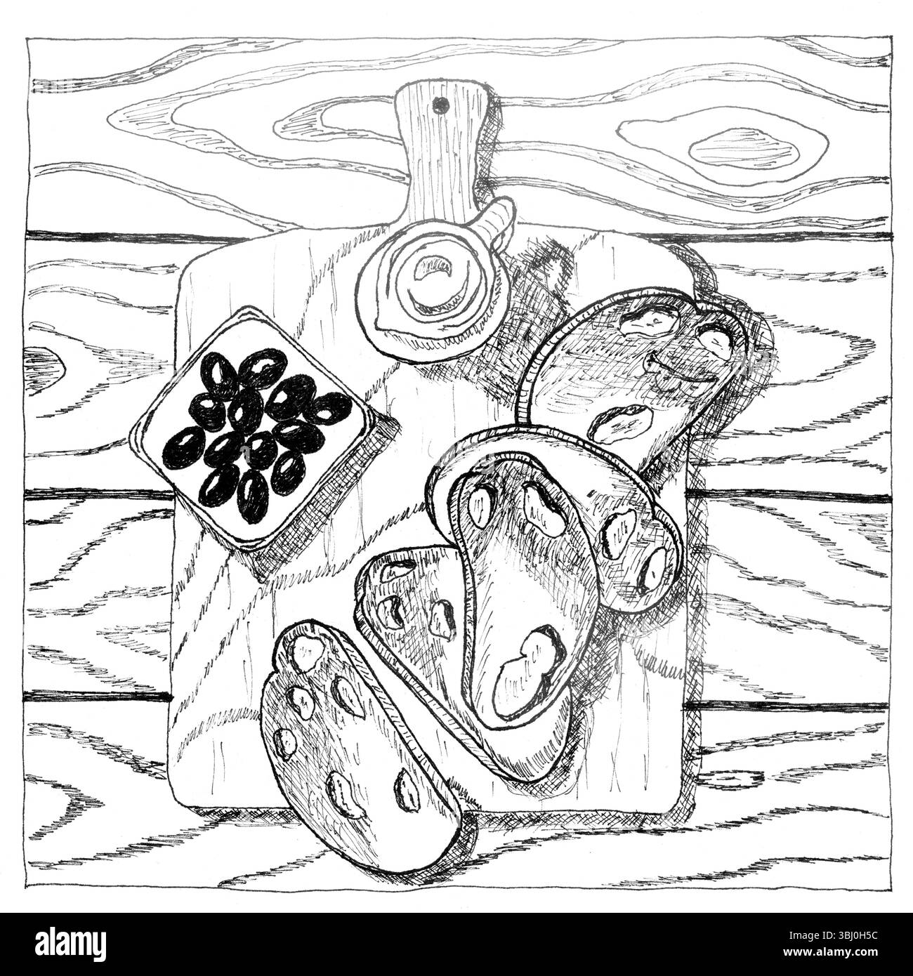 Une illustration détaillée dessinée à la main d'une planche à découper en bois avec différents types de fromage et d'olives. Le croquis présente des meules de fromage tranchées avec ch Banque D'Images