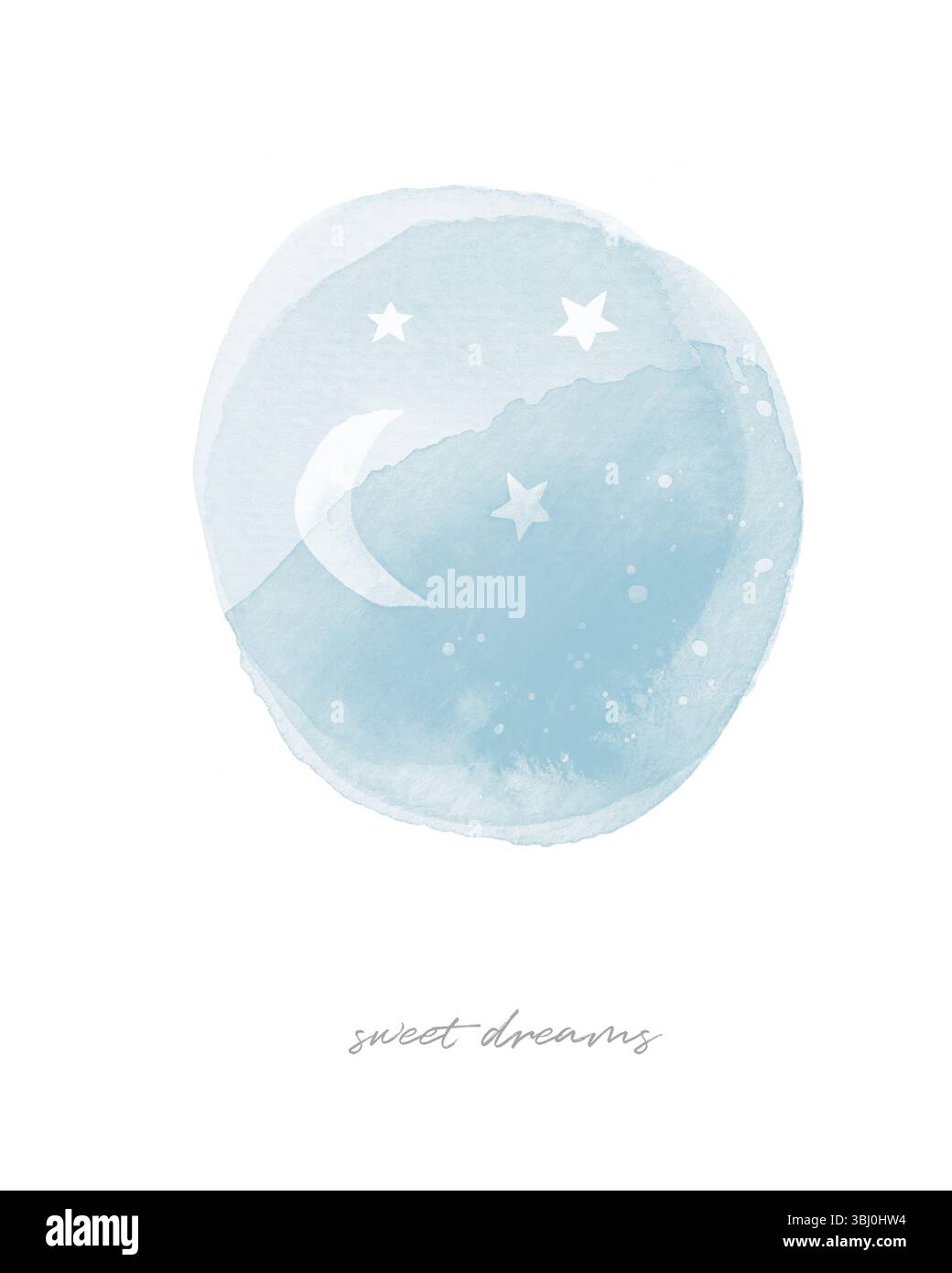 Bleu aquarelle ciel nocturne. Teinture de forme ronde bleu pastel avec lune et étoiles de croissant blanc sur un fond blanc. Sweet Dreams. Mignon nursery Art. Banque D'Images