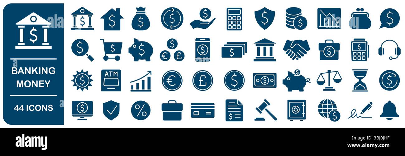 Jeu d'icônes argent et banque. Collection d'icônes de finances personnelles. Budget, épargne, dépense, revenu, prêt, dollar, euro, livre. Illustration vectorielle. Illustration de Vecteur