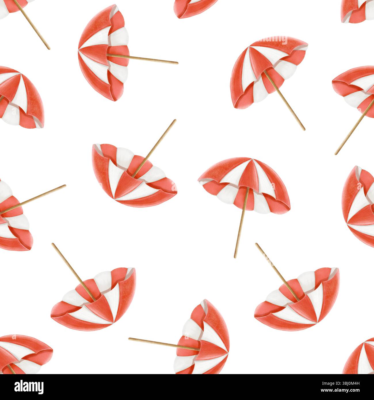Modèle sans couture de parasols de plage rouges dans le style aquarelle. Design estival peint à la main avec une ambiance lumineuse et joyeuse. Banque D'Images