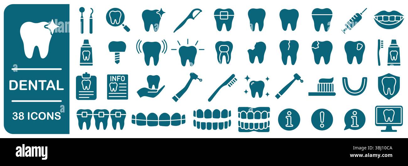 Jeu d'icônes de soins dentaires. Dentiste, collection de signes de logo de santé bucco-dentaire. Icône dent, dents, caries, implant, prothèses dentaires. Illustration vectorielle. Isolé sur Illustration de Vecteur
