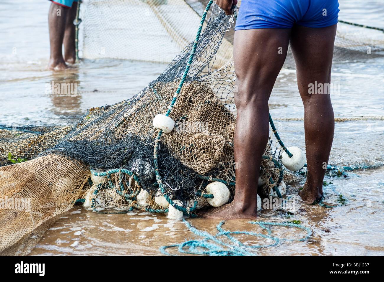 Un demi-corps de pêcheurs non identifiés ramassant le filet de pêche après avoir capturé du poisson. Fruits de mer, pêche comme passe-temps. Brésil Banque D'Images