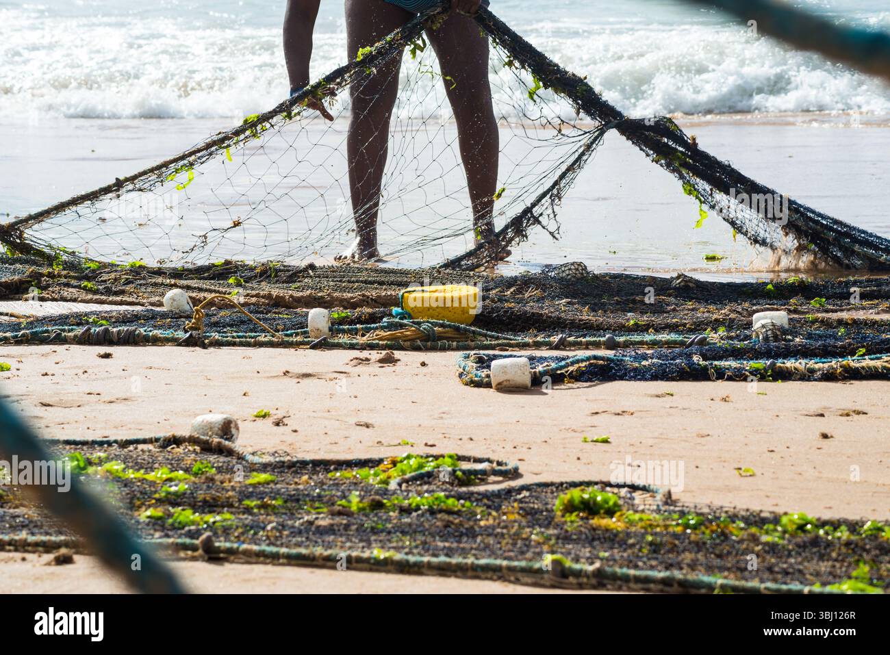 Demi-corps d'un pêcheur non identifié tirant un filet de pêche. fruits de mer, passe-temps. Brésil Banque D'Images