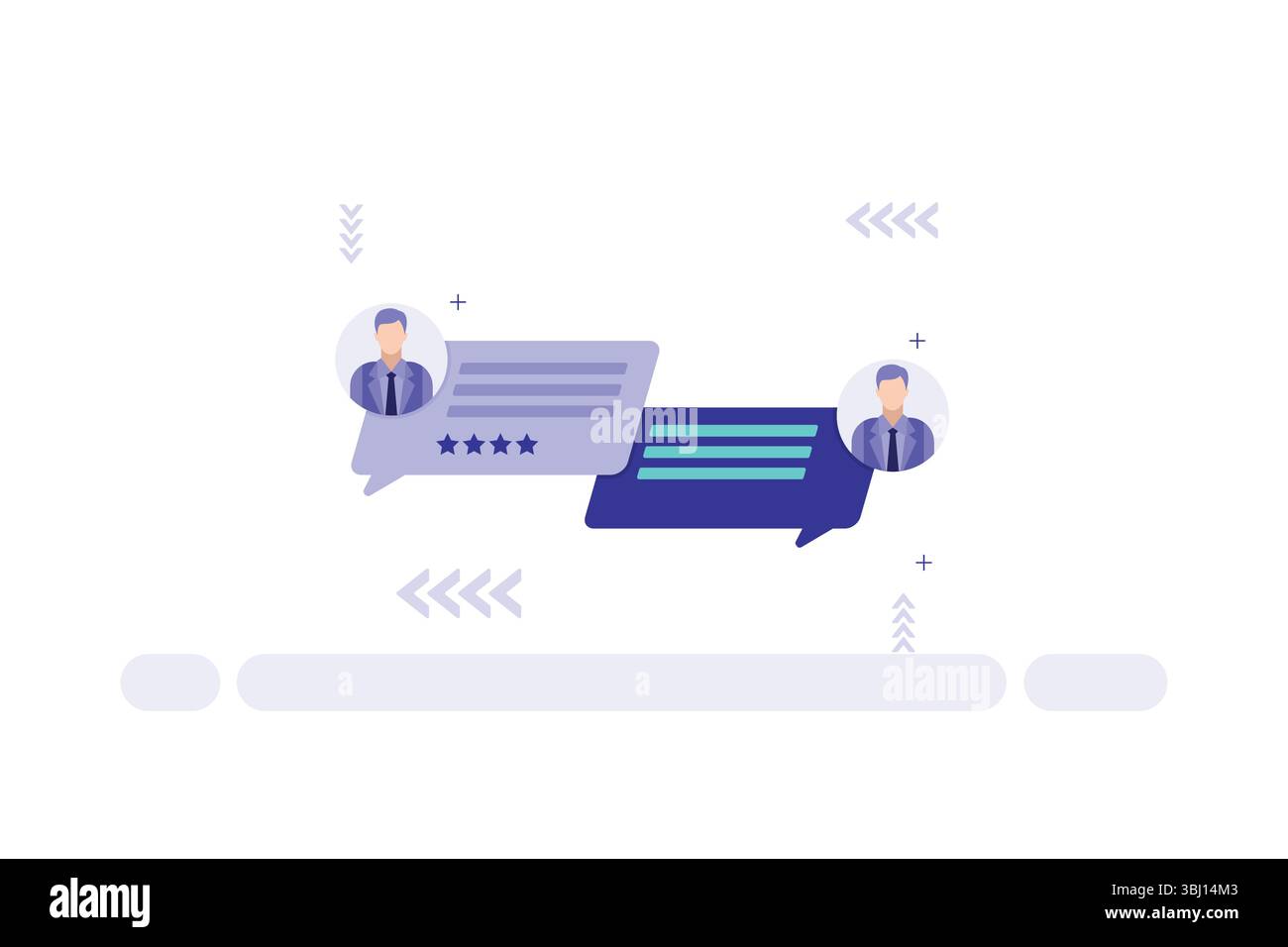 Illustration vectorielle de deux bulles de chat avec des avatars d'affaires, une notation par étoiles et des symboles de texte représentant les commentaires de communication Illustration de Vecteur