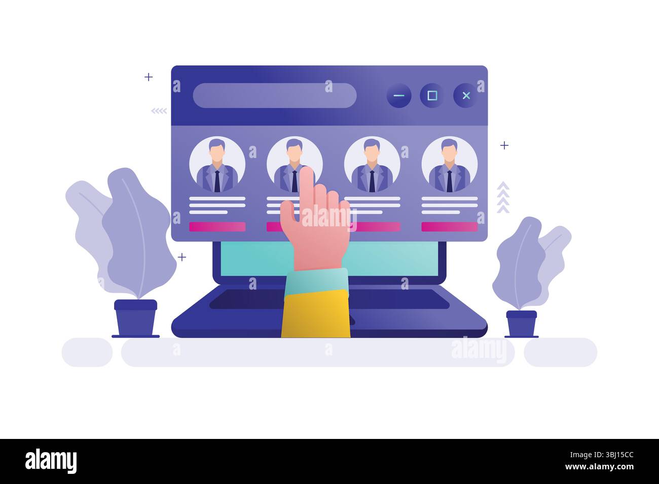 Illustration vectorielle de la sélection de profil en ligne sur l'écran de l'ordinateur avec les avatars de l'utilisateur Illustration de Vecteur