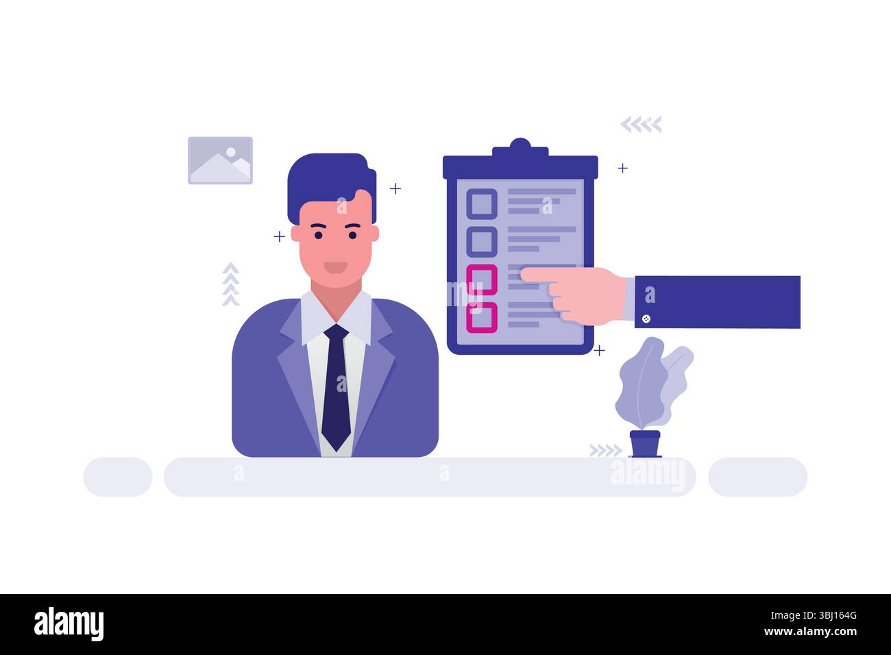 Illustration de l'évaluation commerciale – homme en costume pointant la main vers la liste de contrôle marquée sur le presse-papiers Illustration de Vecteur