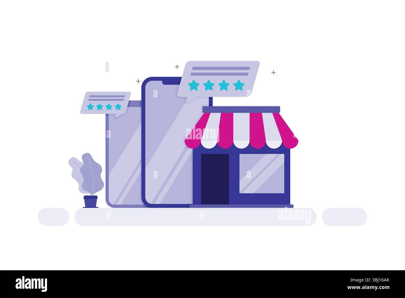 Illustration d'une vitrine avec un auvent rayé rouge et blanc attaché à un smartphone, symbolisant le commerce numérique ou le shopping en ligne. Illustration de Vecteur