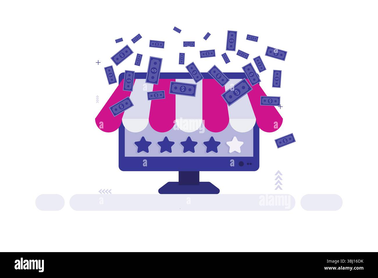 Un écran d'ordinateur affiche un auvent de devanture de magasin avec des bandes roses et blanches. Les billets bleus se dispersent au-dessus, suggérant des ventes en ligne ou du commerce électronique. Illustration de Vecteur