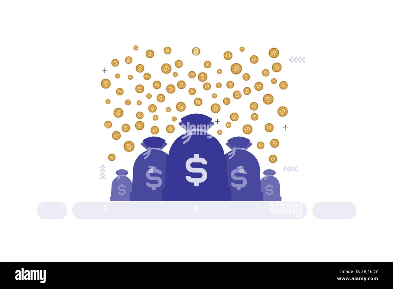 Des sacs d'argent de différentes tailles en bleu foncé, chacun orné d'un signe de dollar, sont disposés en évidence au centre. Illustration de Vecteur