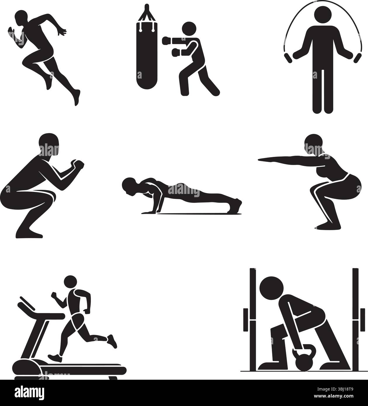 Ensemble d'icônes silhouettes d'exercices de fitness – exercices, cardio, musculation, gymnase et poses d'entraînement Illustration de Vecteur