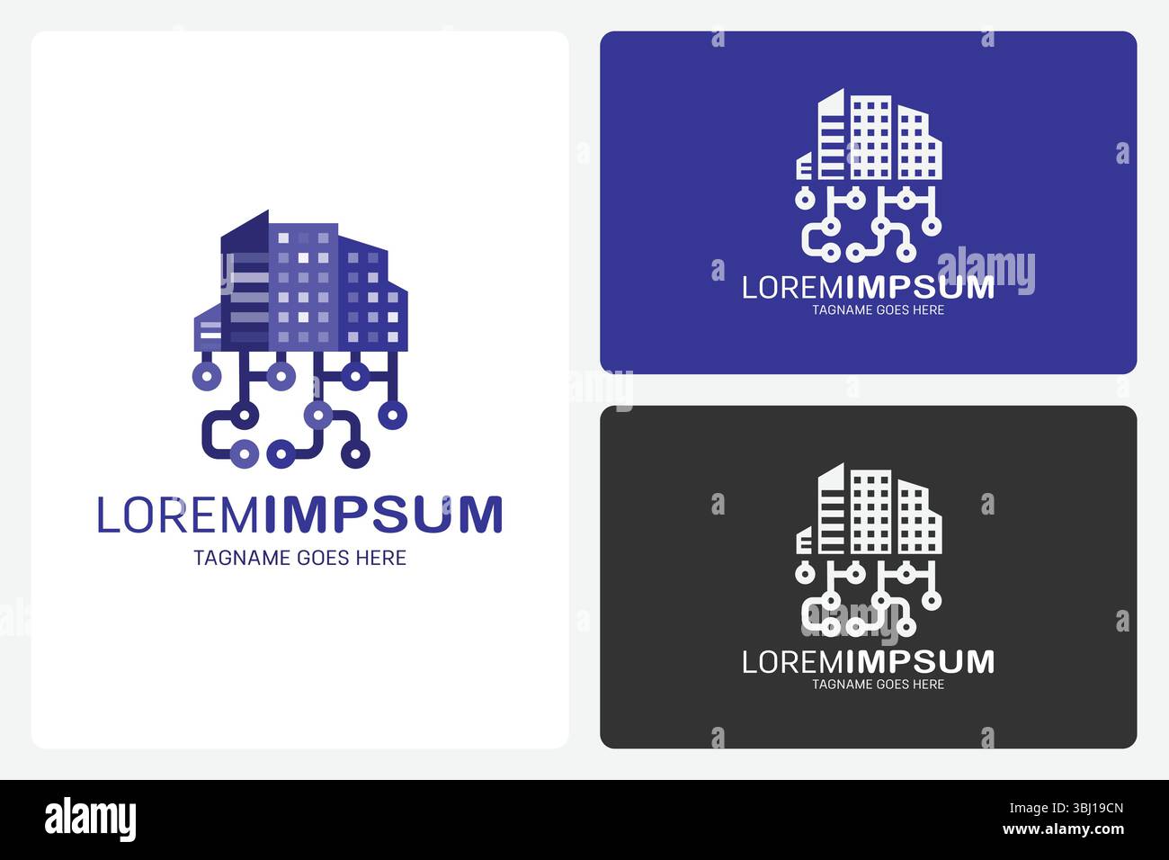 Modèle de logo Smart City – illustration vectorielle de l'horizon urbain moderne avec des éléments de technologie numérique et connectée Illustration de Vecteur