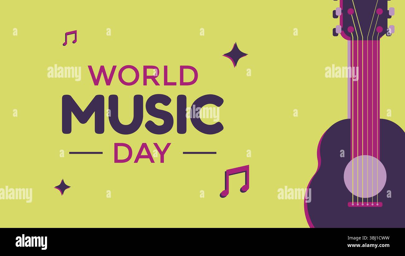 Fond de carte de voeux de la Journée mondiale de la musique avec illustration plate d'une guitare sur fond jaune Illustration de Vecteur