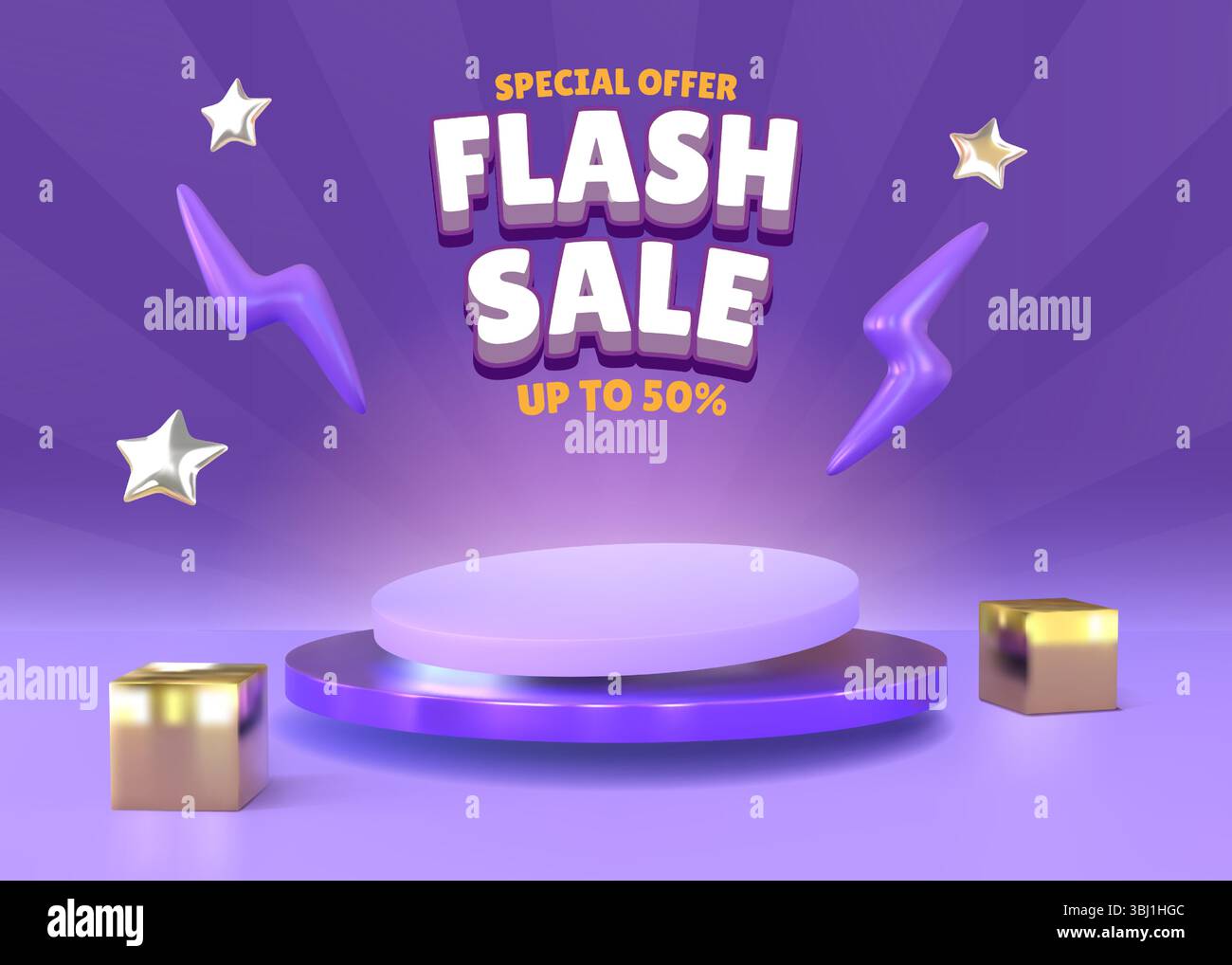 Vente flash. fond de promo 3d, méga offre avec podium de produit, coupon de réduction pour la conception de boutique. Étape vide pour la bannière d'offre spéciale. Modèle de bannière publicitaire vectorielle de vitrine minimaliste Illustration de Vecteur